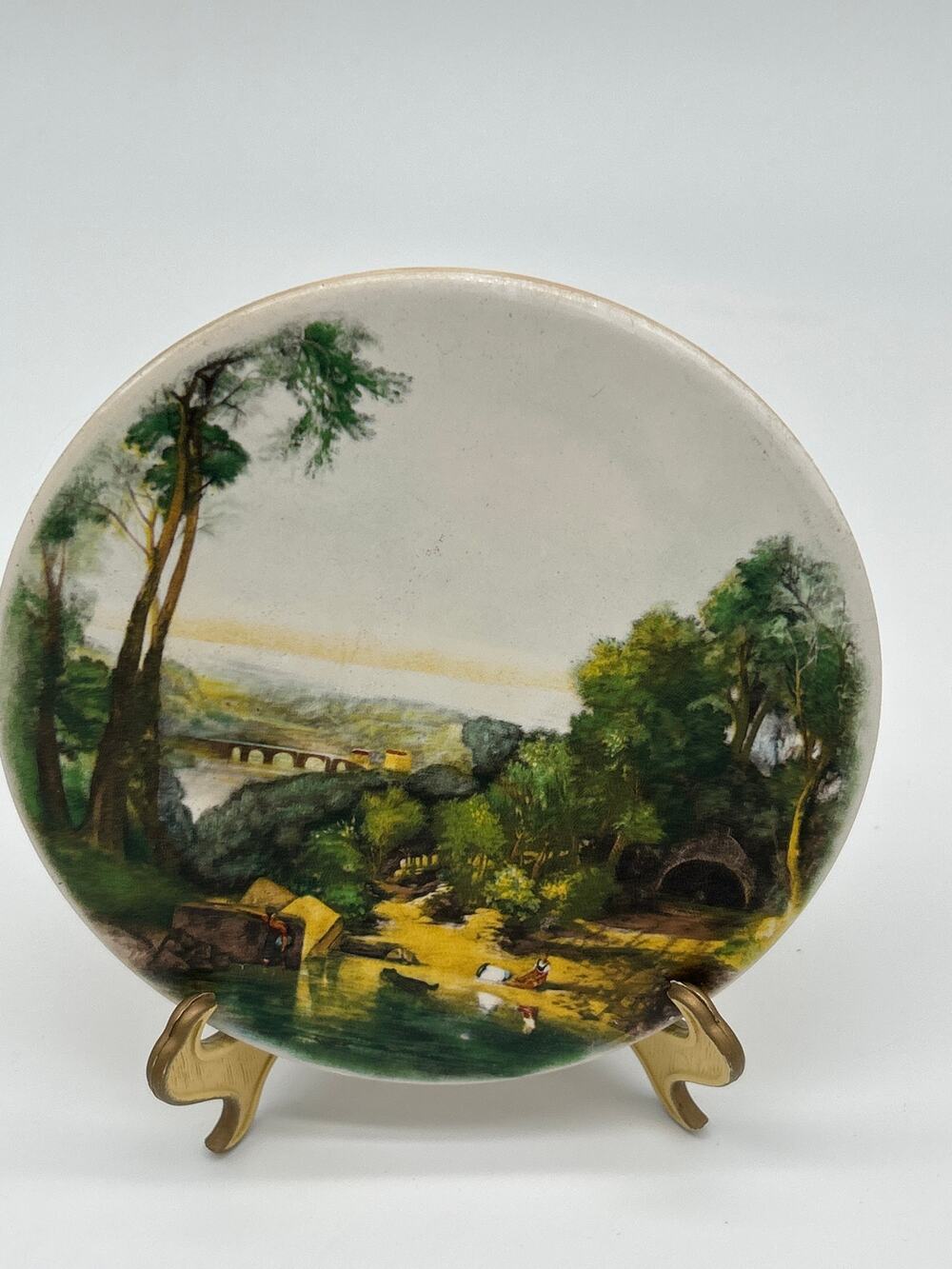 Vintage Scenic Landscape Ceramic Trivet  6” River Bridge Cottage Country Scene